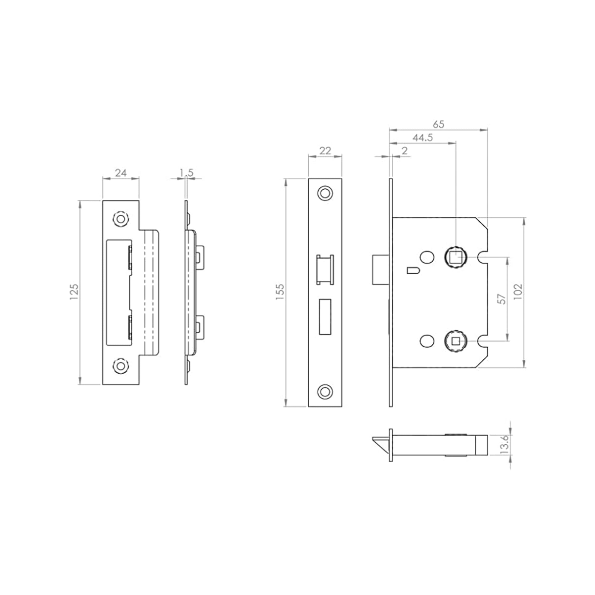 Technical drawing of a 65mm WC Bathroom Lock components on a white background.