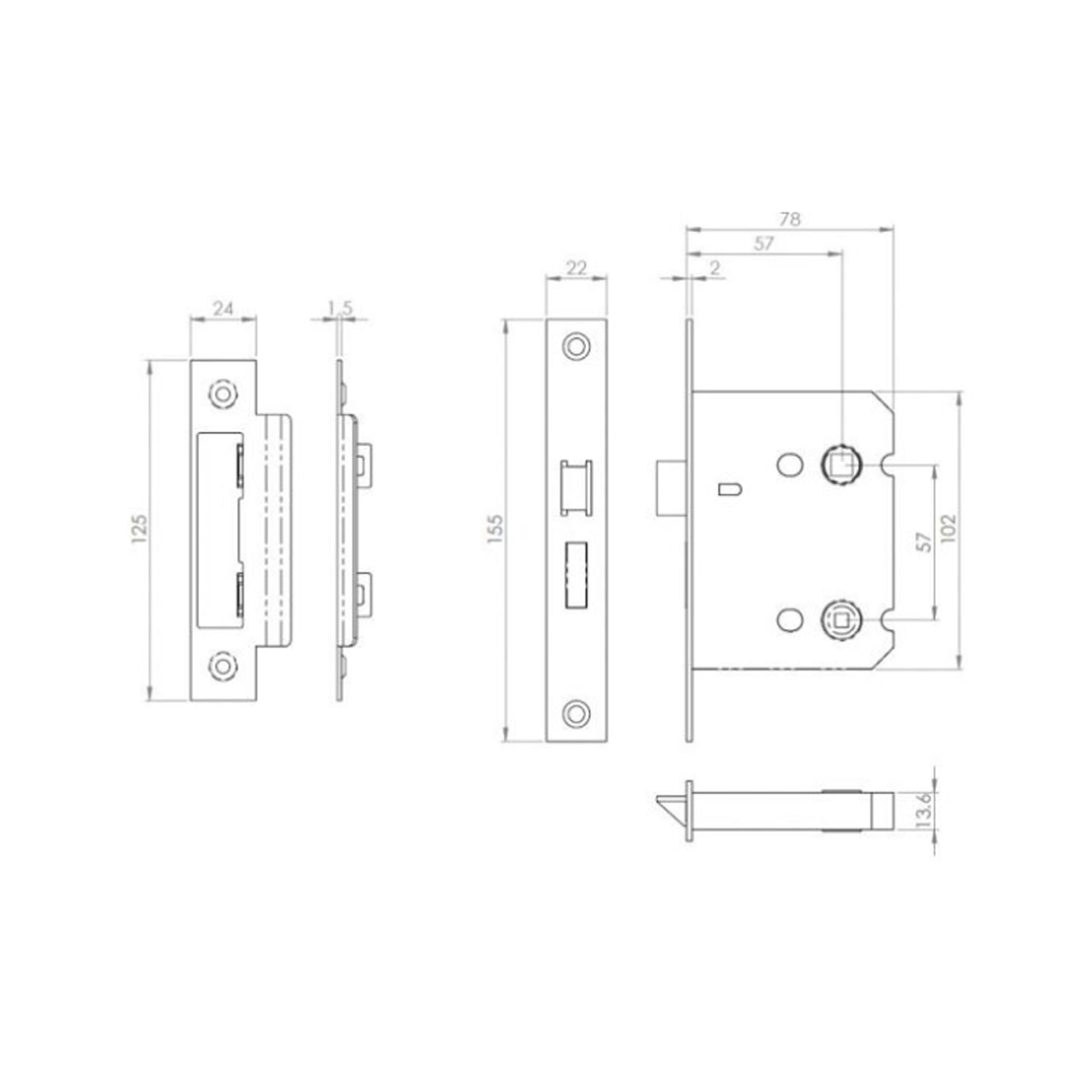 Technical drawing of a 78mm WC Bathroom Lock components on a white background.
