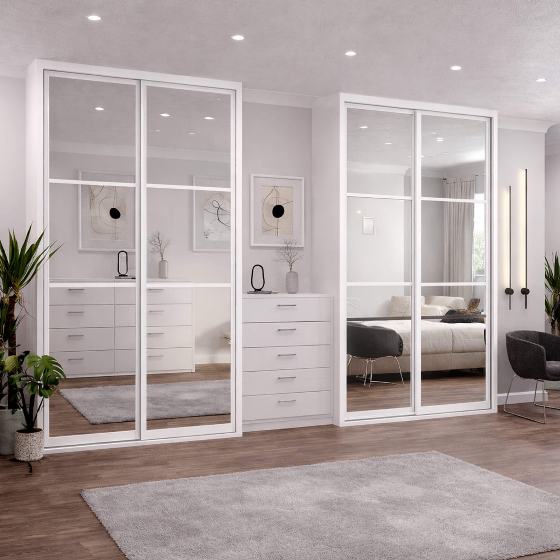 Modern bedroom with White Mirrored Doors and white furniture.