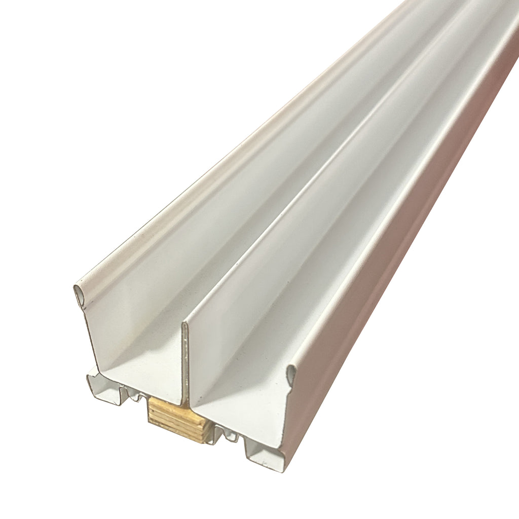 A underneath view of a White Mirror Door Track on a white background