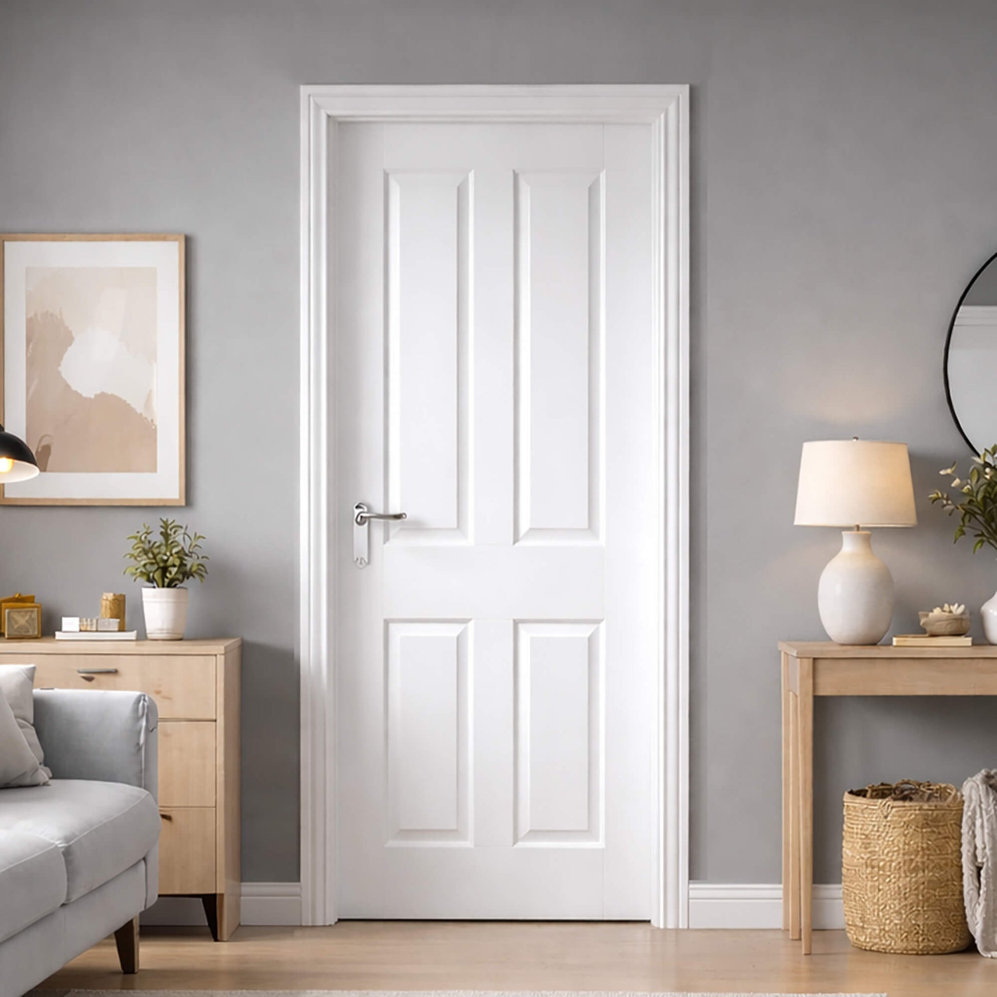 A 4 Panel White Primed 40mm Internal Door in a modern home interior with grey walls, and wooden furniture.