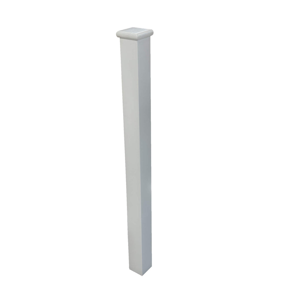 Angled view of a White Primed Blank Newel Post on a white background