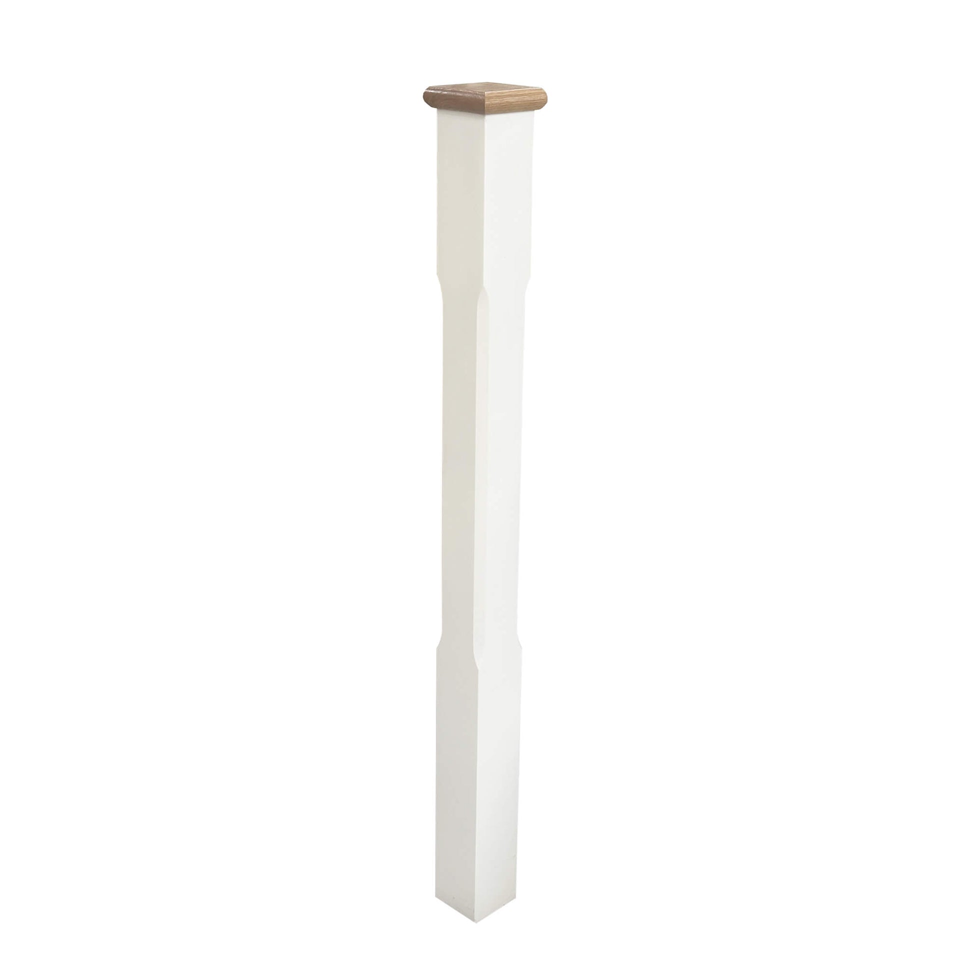 A White Primed Chamfered Newel Post with an oak pyramid newel cap on a white background