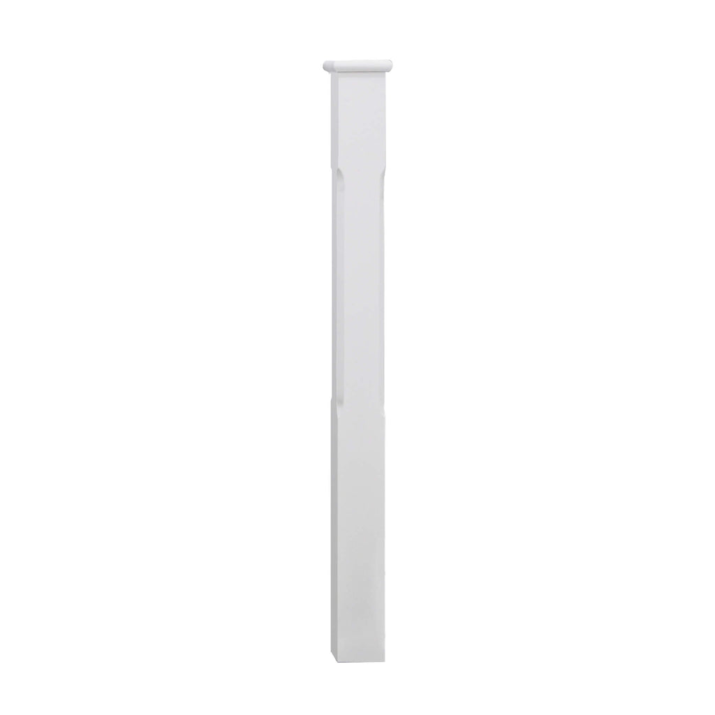 A White Primed Chamfered Newel Post with a white primed flat newel cap on a white background.
