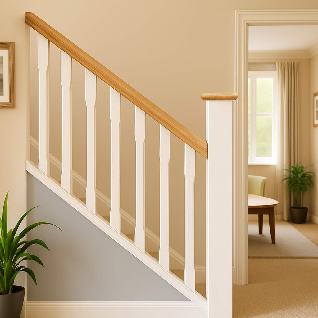 Staircase with wooden handrail and white primed chamfered spindles in a home interior.