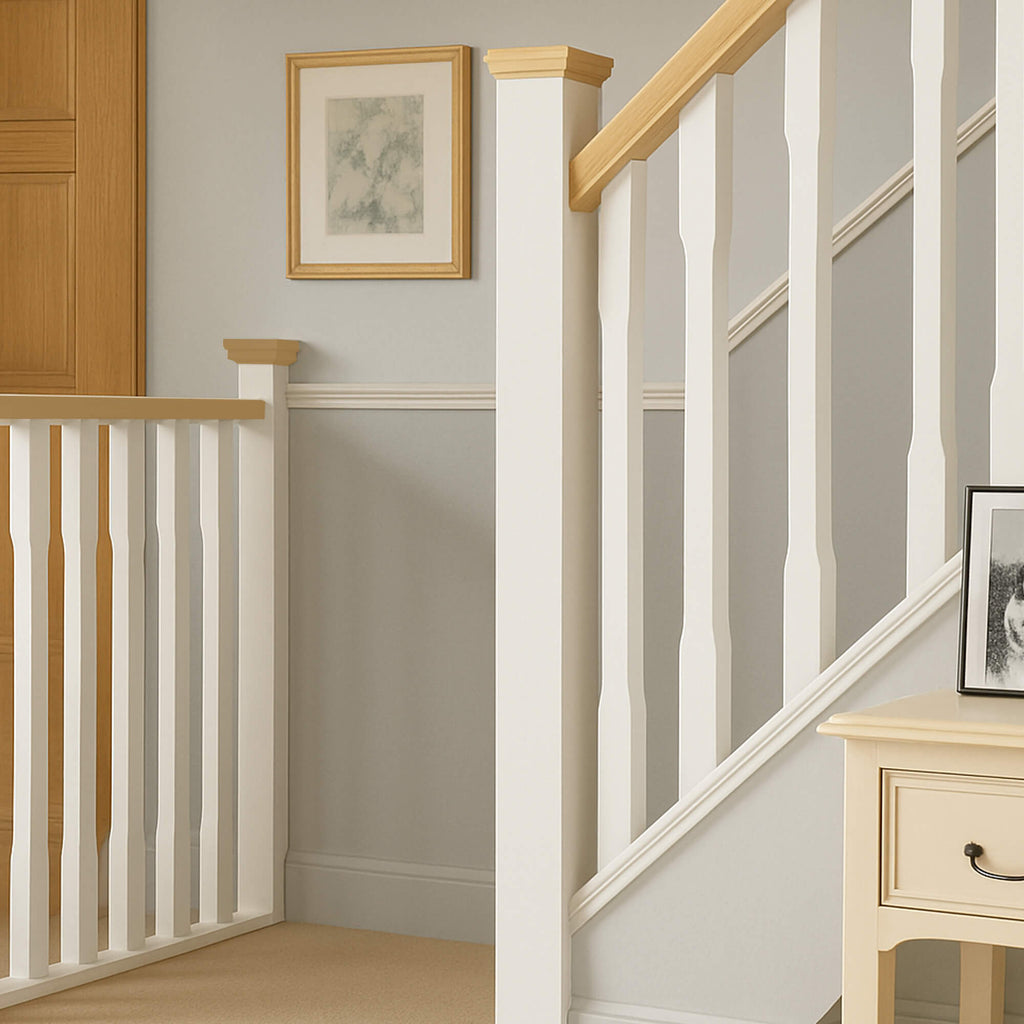 Staircase with wooden handrail and white primed chamfered spindles in a home interior.