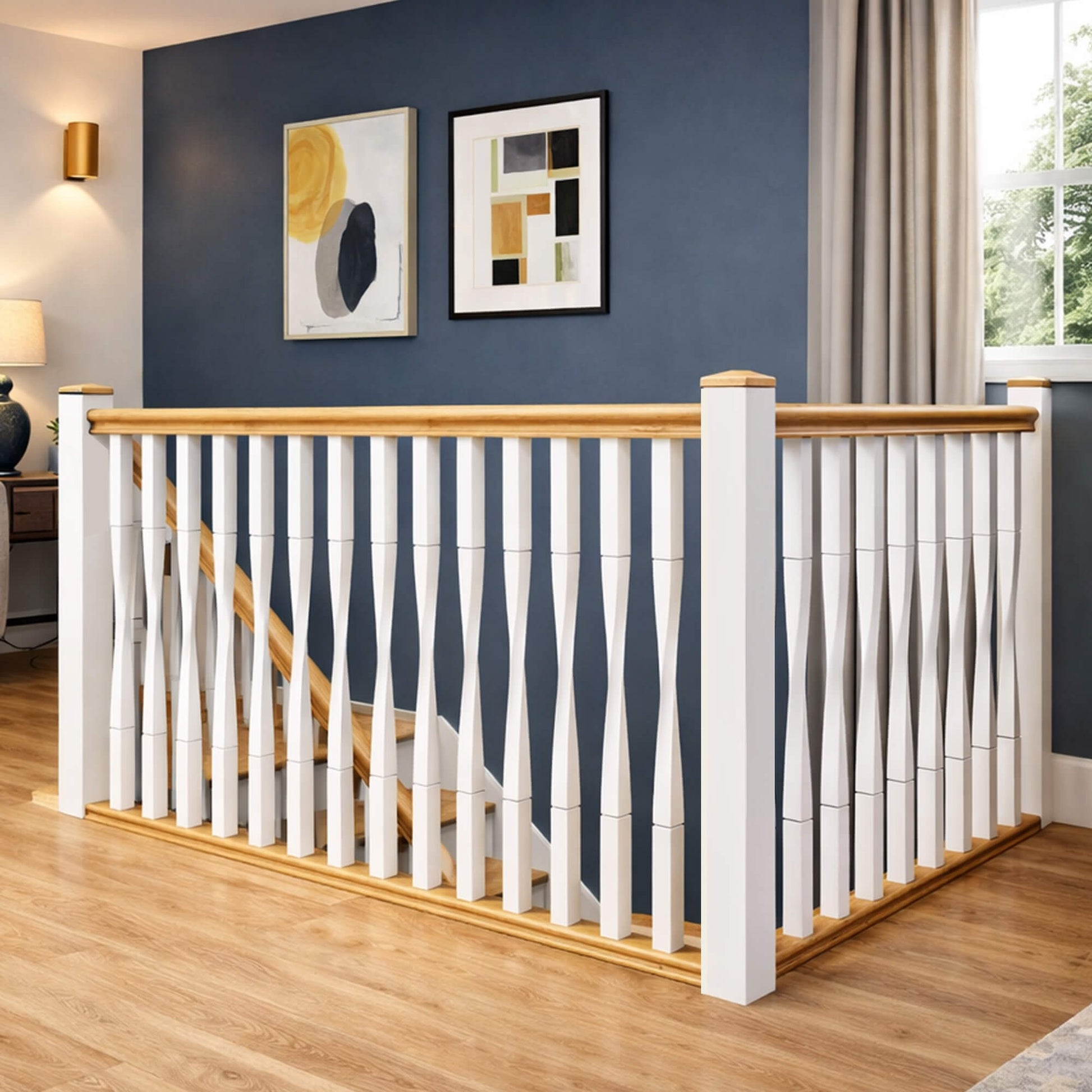 White Primed Roma Spindles on a staircase in a modern home interior landing.