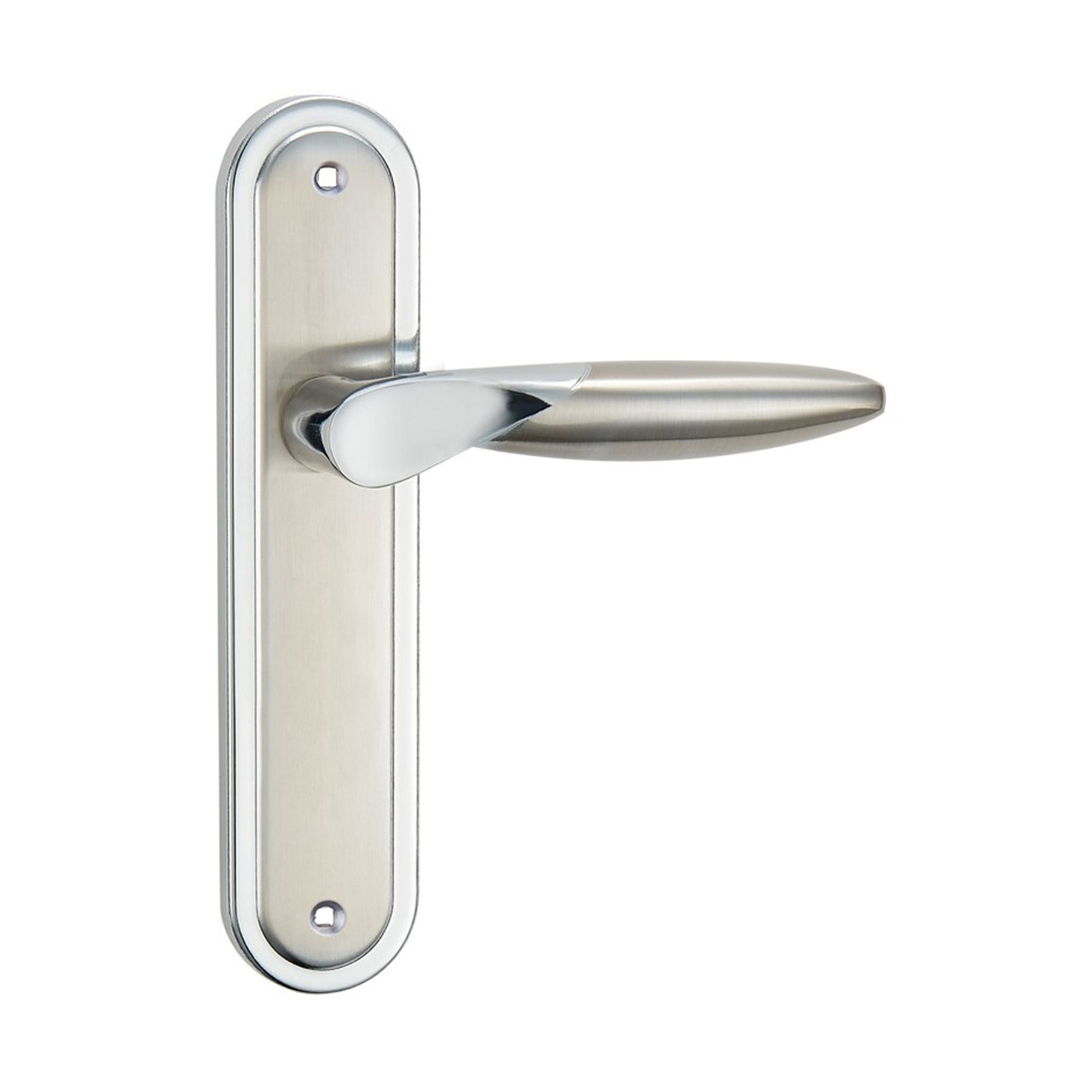 Zeus Nickel Brushed & Polished Chrome  Latch Backplate door handle on a white background
