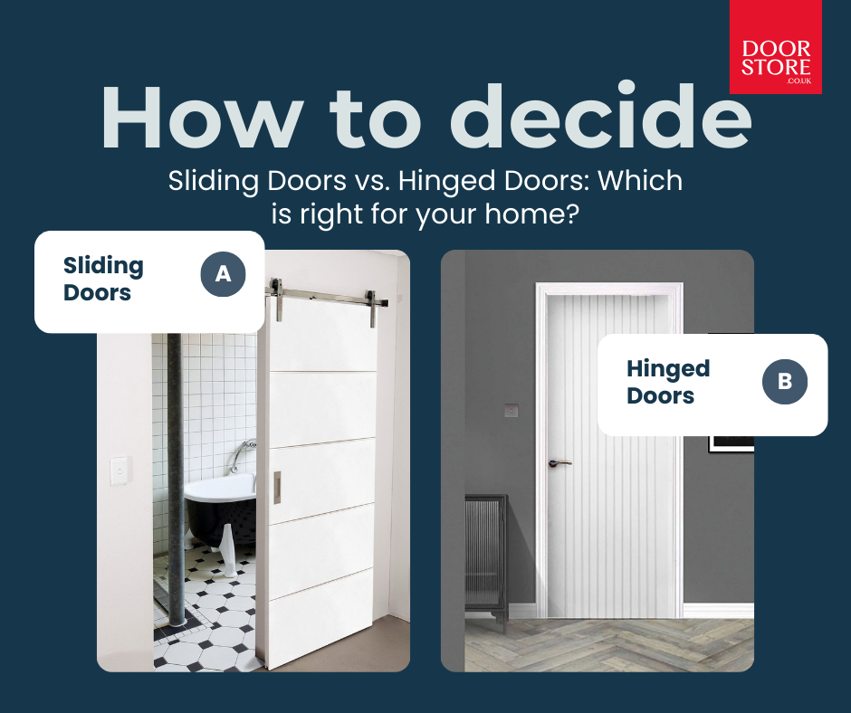 Comparison of a modern white sliding door (A) and a classic white hinged door (B) to help decide which style suits your home better. The sliding door is shown in a bathroom setting, while the hinged door is displayed in a contemporary interior.